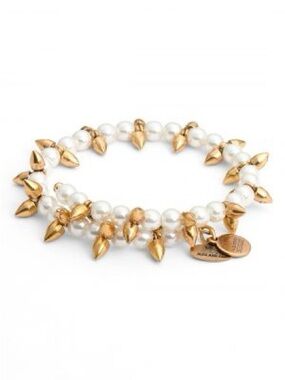 Alex and Ani White Pearl Wrap Bracelet with Gold Spike Charms